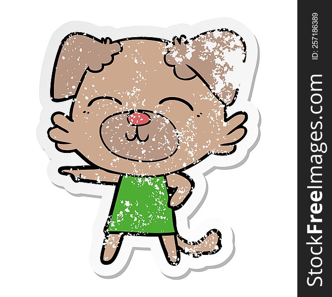 Distressed Sticker Of A Cartoon Dog In Dress Pointing