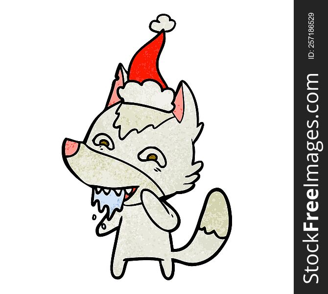 Textured Cartoon Of A Hungry Wolf Wearing Santa Hat