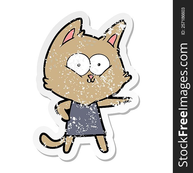 Distressed Sticker Of A Cartoon Cat Girl Pointing