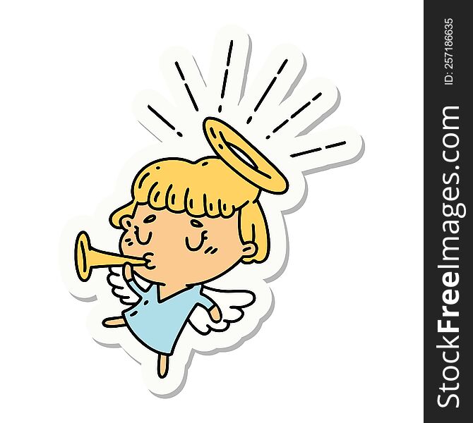 sticker of a tattoo style angel blowing trumpet