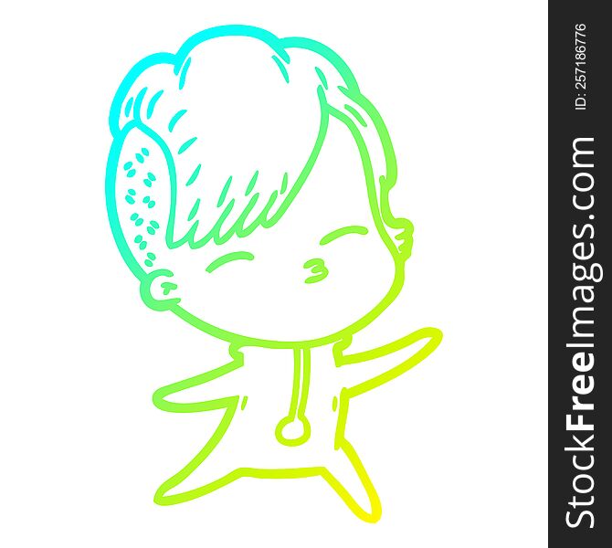 Cold Gradient Line Drawing Cartoon Squinting Girl