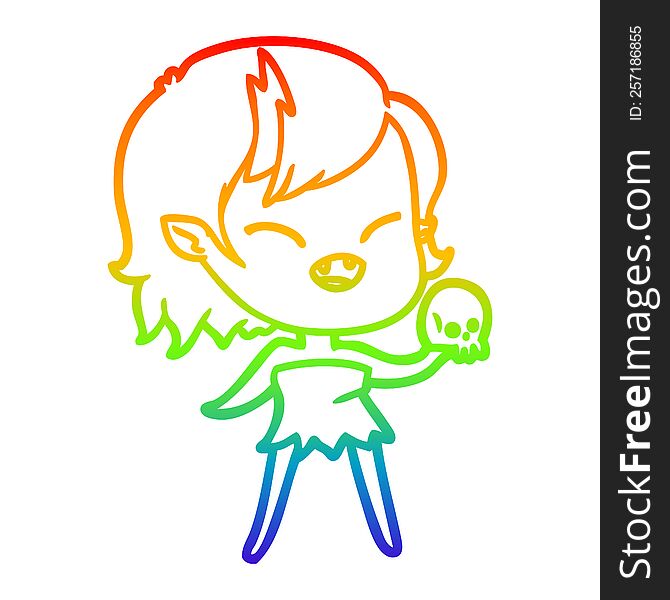 Rainbow Gradient Line Drawing Cartoon Laughing Vampire Girl With Skull