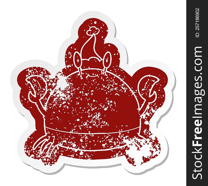quirky cartoon distressed sticker of a crab wearing santa hat