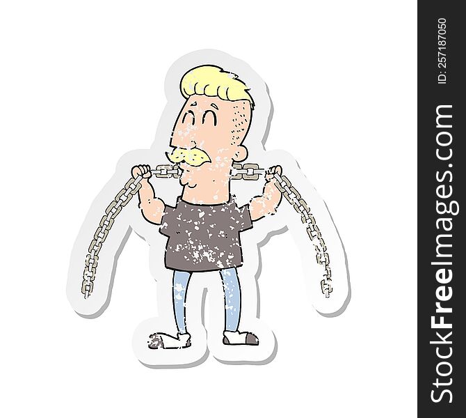 retro distressed sticker of a cartoon man lifting chain