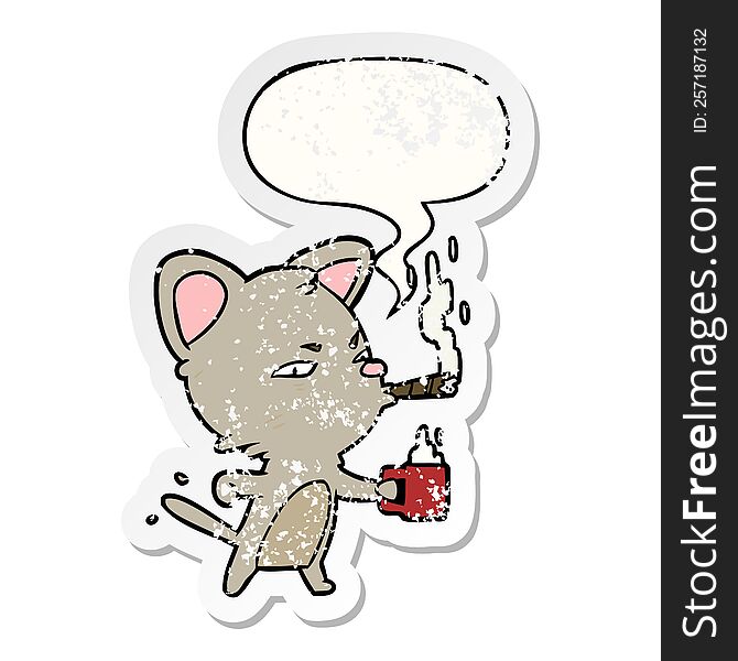 cartoon serious business cat and coffee and cigar and speech bubble distressed sticker