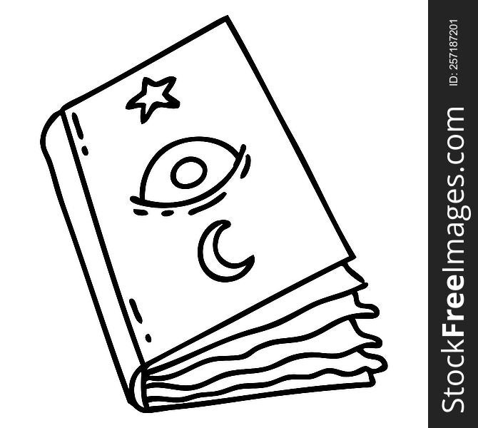 line doodle of a spooky spellbook with eyeball