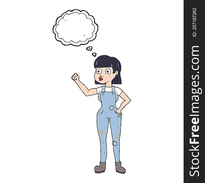 freehand drawn thought bubble cartoon woman clenching fist