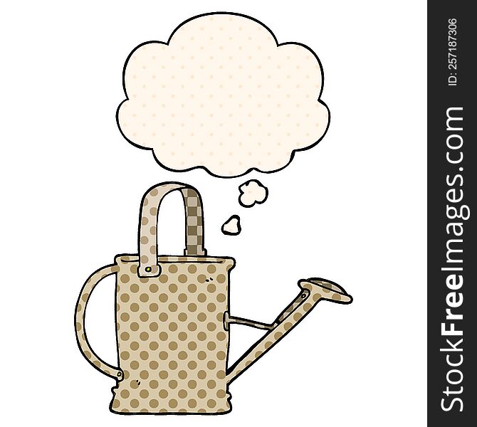cartoon watering can with thought bubble in comic book style
