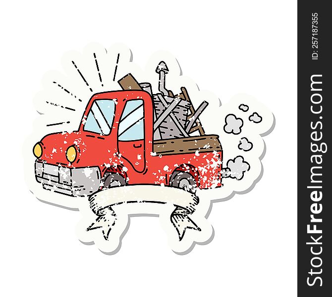 Grunge Sticker Of Tattoo Style Truck Carrying Junk