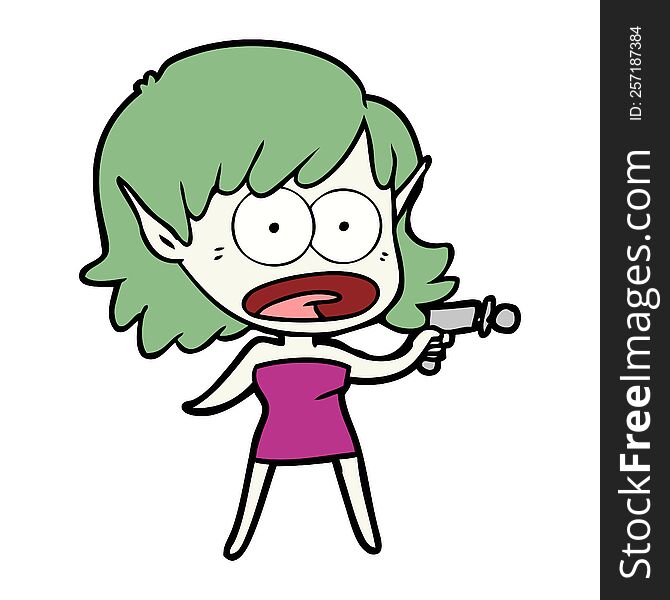 cartoon shocked alien girl with ray gun. cartoon shocked alien girl with ray gun