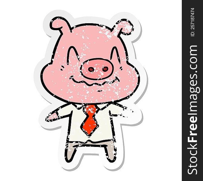 distressed sticker of a nervous cartoon pig boss