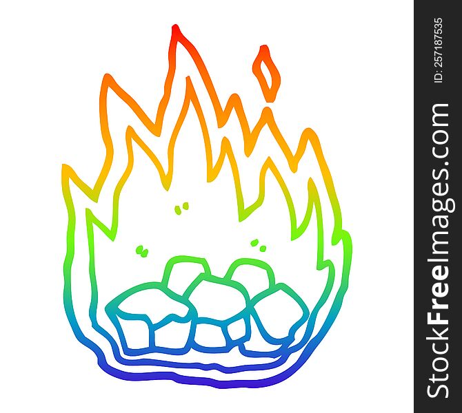 rainbow gradient line drawing of a cartoon burning coals