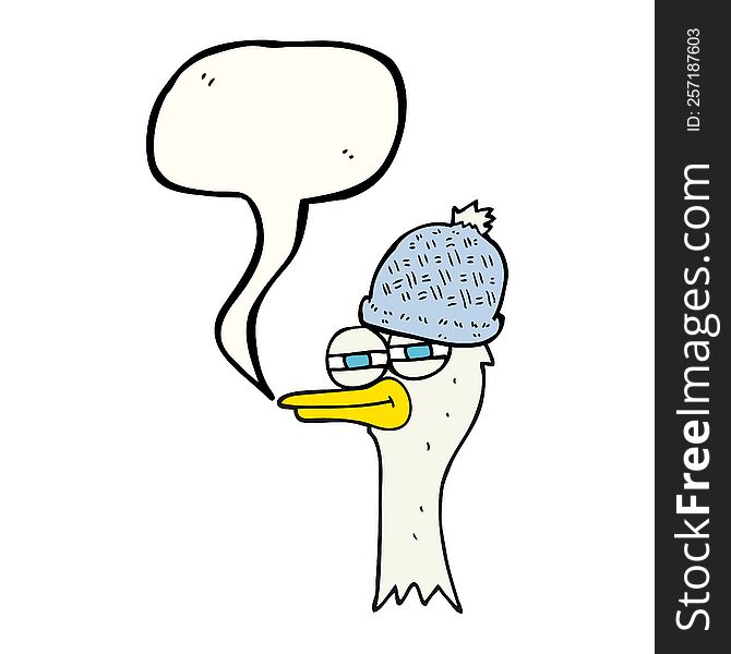 freehand drawn speech bubble cartoon bird wearing hat