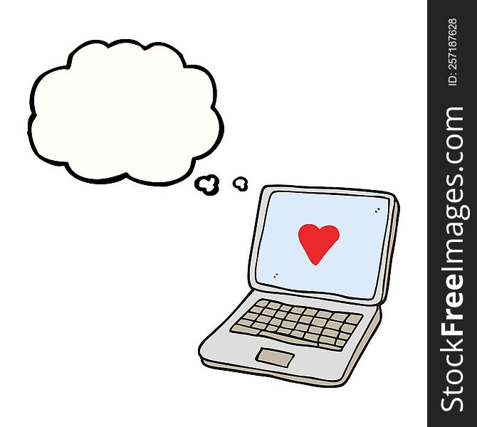 Thought Bubble Cartoon Laptop Computer With Heart Symbol On Screen