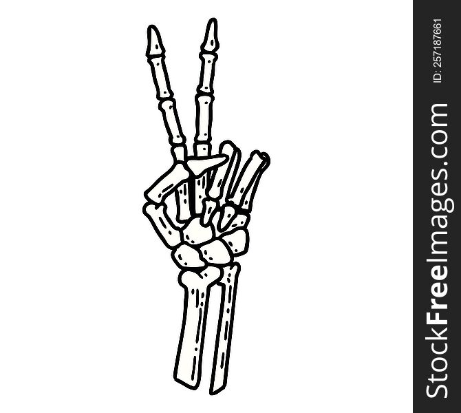 tattoo in traditional style of a skeleton giving a peace sign. tattoo in traditional style of a skeleton giving a peace sign