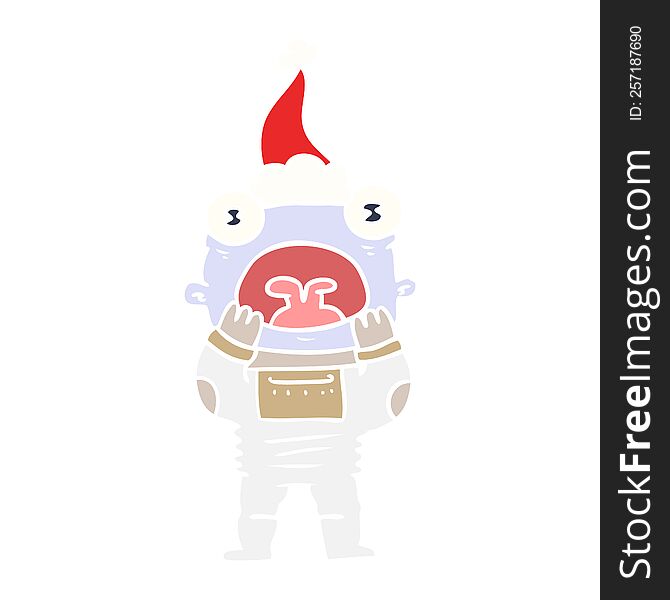 hand drawn flat color illustration of a alien gasping in surprise wearing santa hat