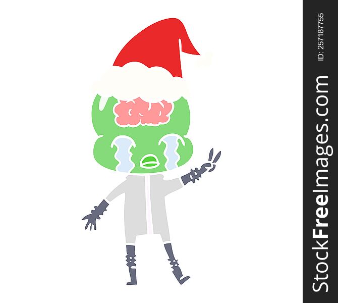 hand drawn flat color illustration of a big brain alien crying and giving peace sign wearing santa hat