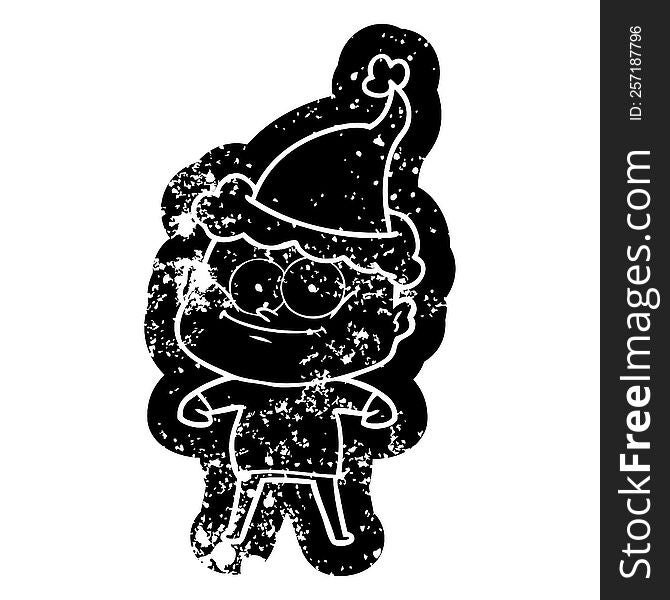 Cartoon Distressed Icon Of A Bald Man Staring Wearing Santa Hat
