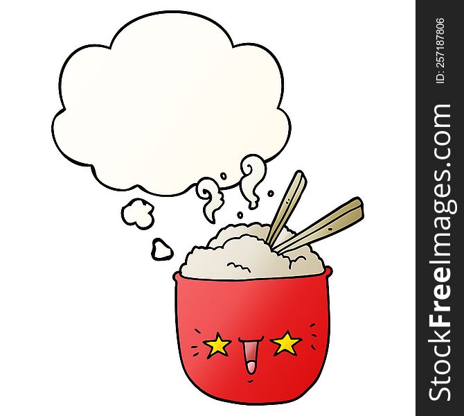 Cartoon Rice Bowl With Face And Thought Bubble In Smooth Gradient Style
