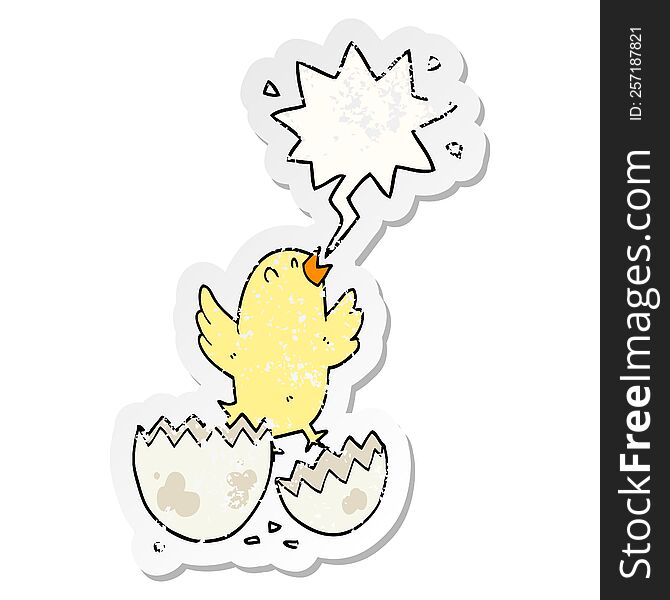 cartoon bird hatching from egg with speech bubble distressed distressed old sticker. cartoon bird hatching from egg with speech bubble distressed distressed old sticker