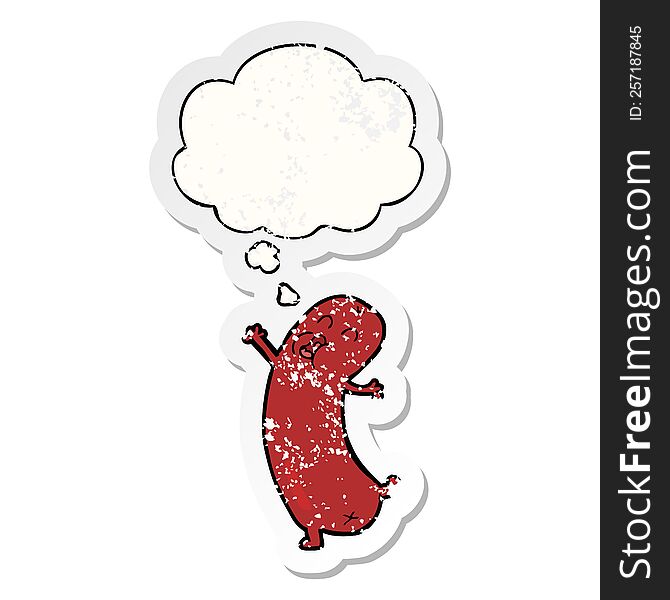 Cartoon Dancing Sausage And Thought Bubble As A Distressed Worn Sticker