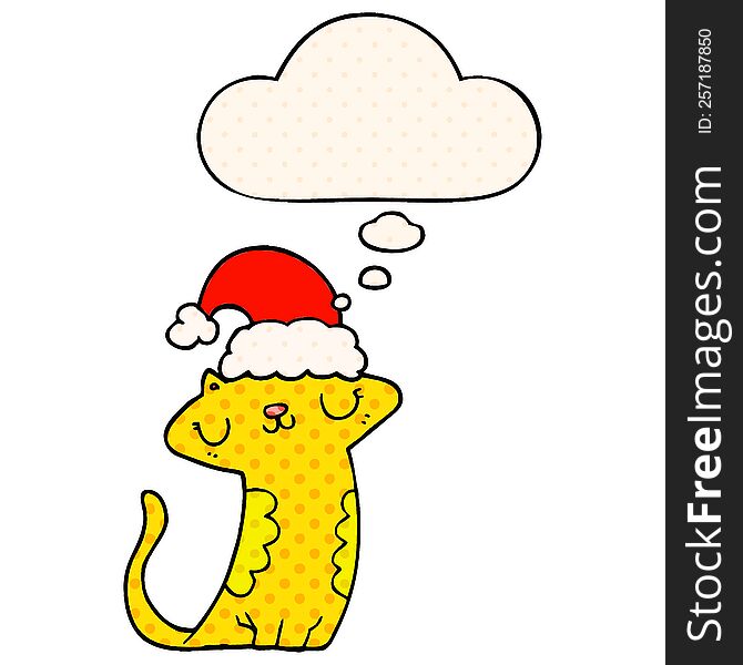 cute cartoon cat wearing christmas hat and thought bubble in comic book style