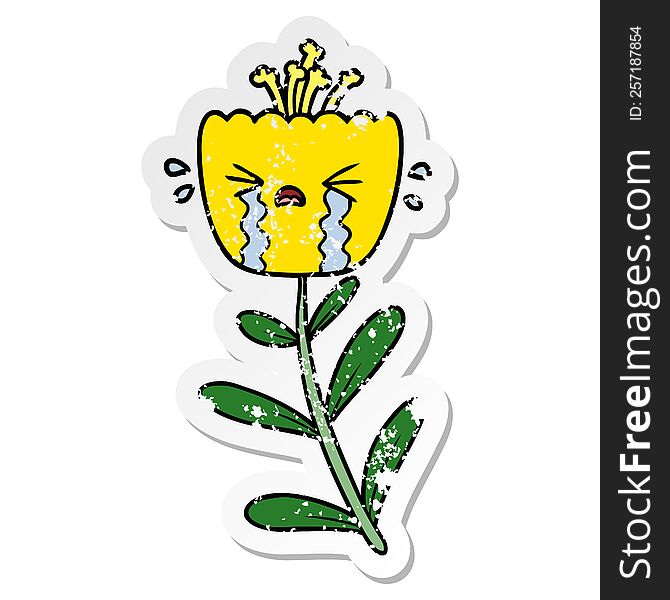 Distressed Sticker Of A Cartoon Crying Flower