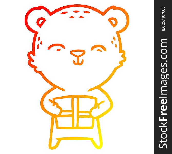 Warm Gradient Line Drawing Happy Cartoon Bear With Gift
