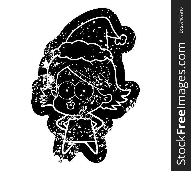 quirky cartoon distressed icon of a girl pouting wearing santa hat