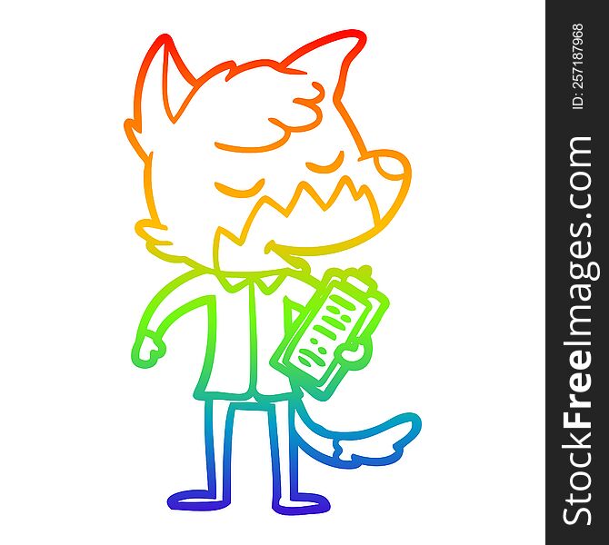 rainbow gradient line drawing of a friendly cartoon fox manager