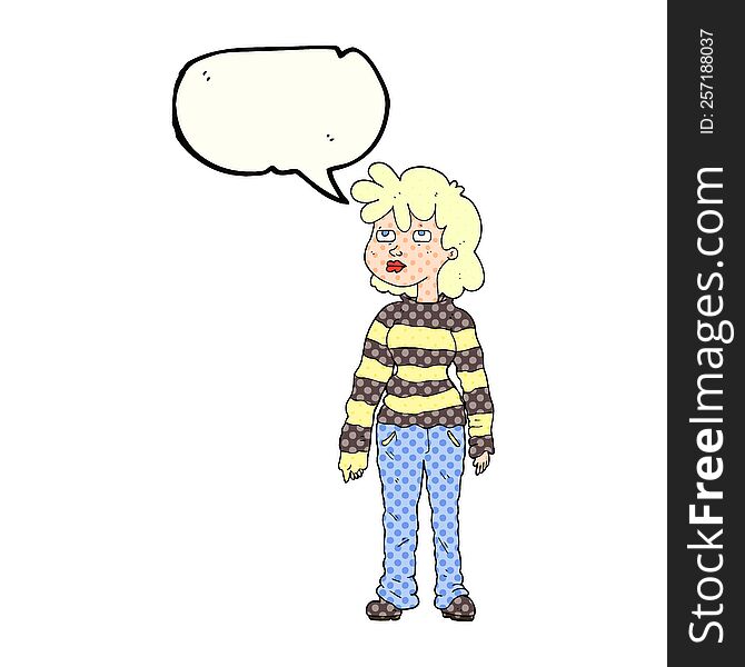 freehand drawn comic book speech bubble cartoon woman in casual clothes