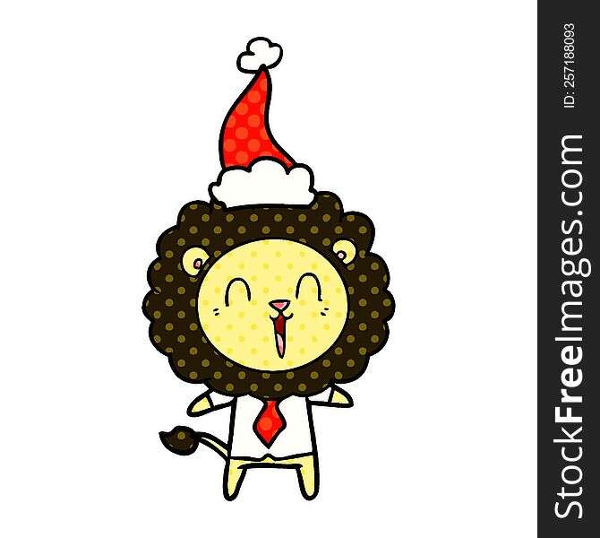 laughing lion hand drawn comic book style illustration of a wearing santa hat