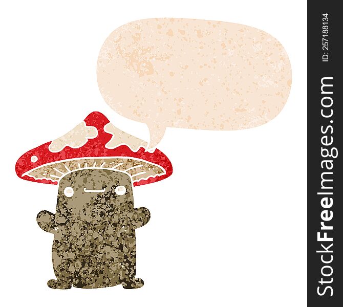 Cartoon Mushroom And Speech Bubble In Retro Textured Style