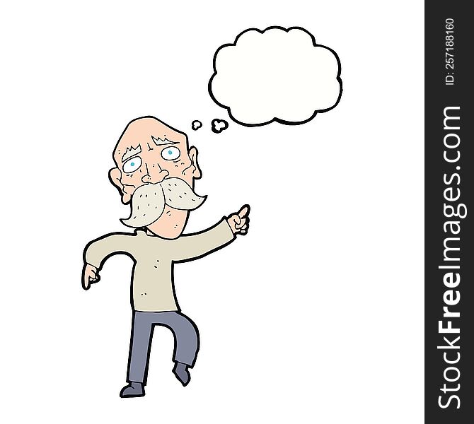 cartoon sad old man pointing with thought bubble