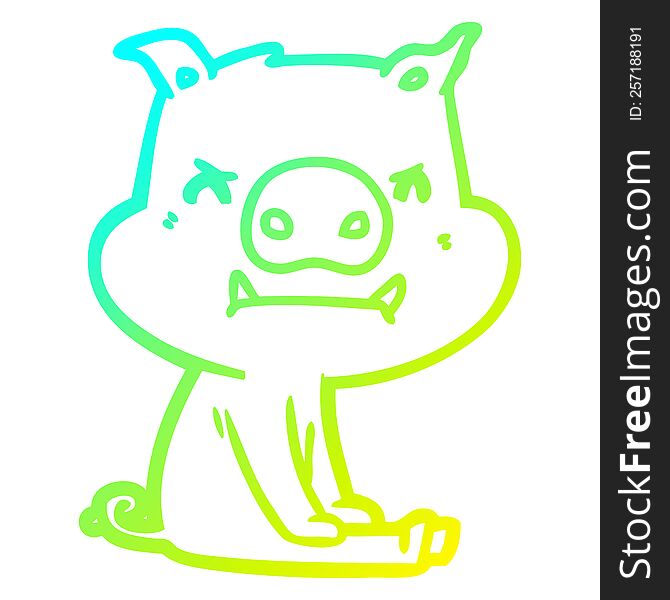Cold Gradient Line Drawing Angry Cartoon Pig Sitting