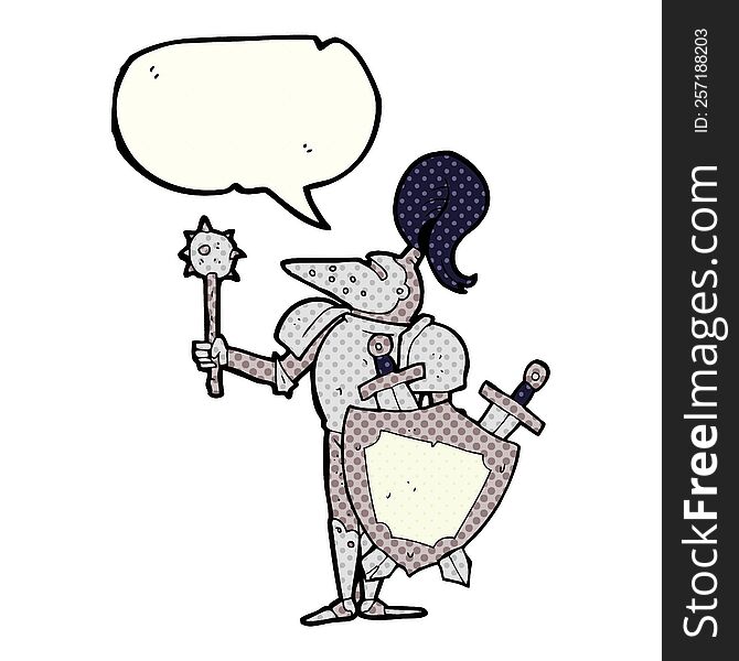 freehand drawn comic book speech bubble cartoon medieval knight with shield