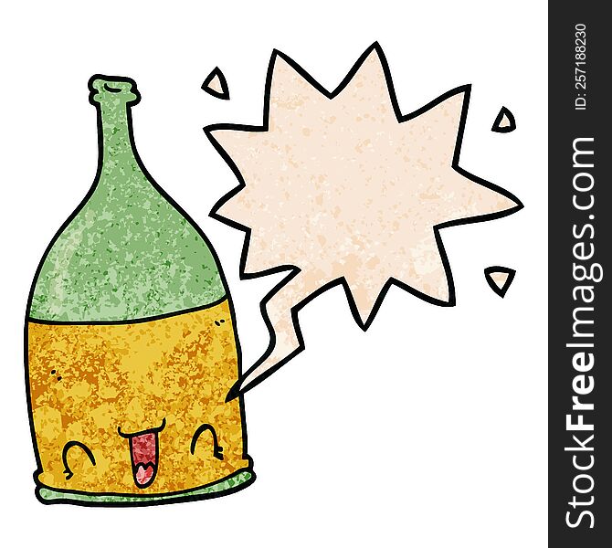 cartoon wine bottle with speech bubble in retro texture style