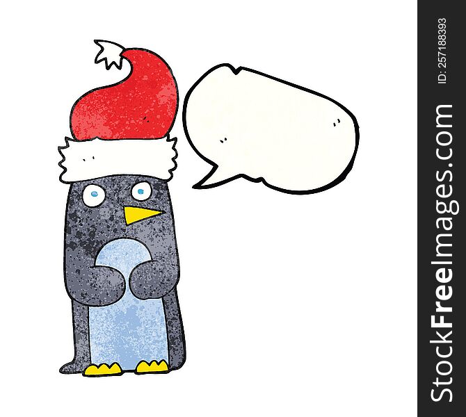 Speech Bubble Textured Cartoon Penguin In Christmas Hat