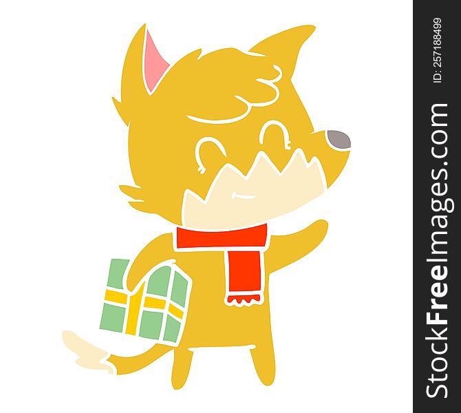 Flat Color Style Cartoon Happy Fox With Gift