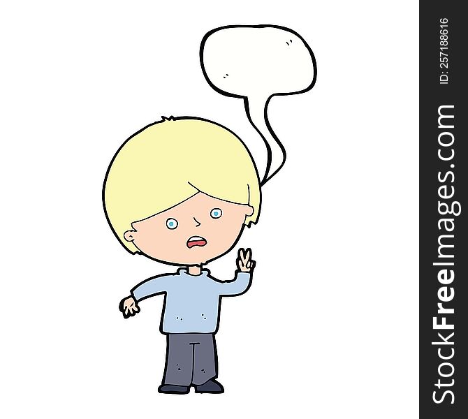 cartoon unhappy boy giving peace sign with speech bubble