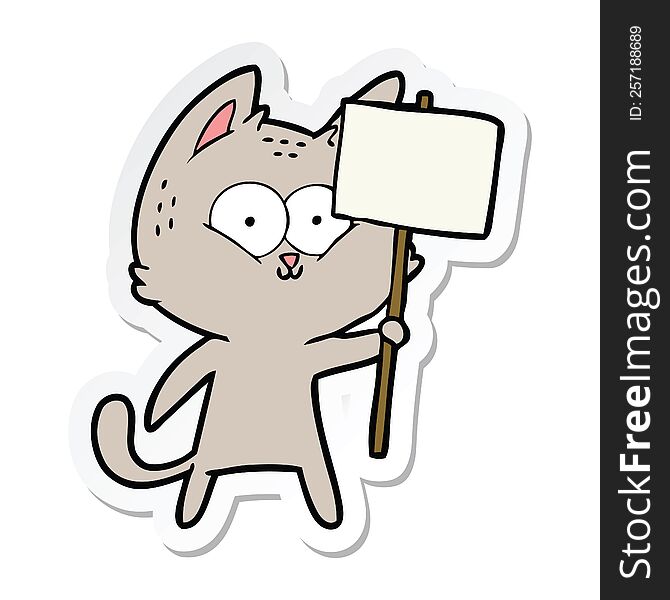 Sticker Of A Cartoon Cat With Placard
