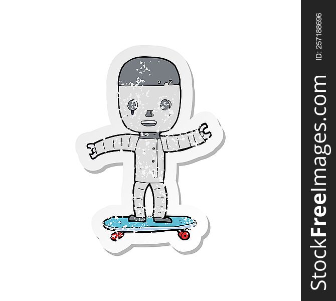 Retro Distressed Sticker Of A Cartoon Robot On Skateboard