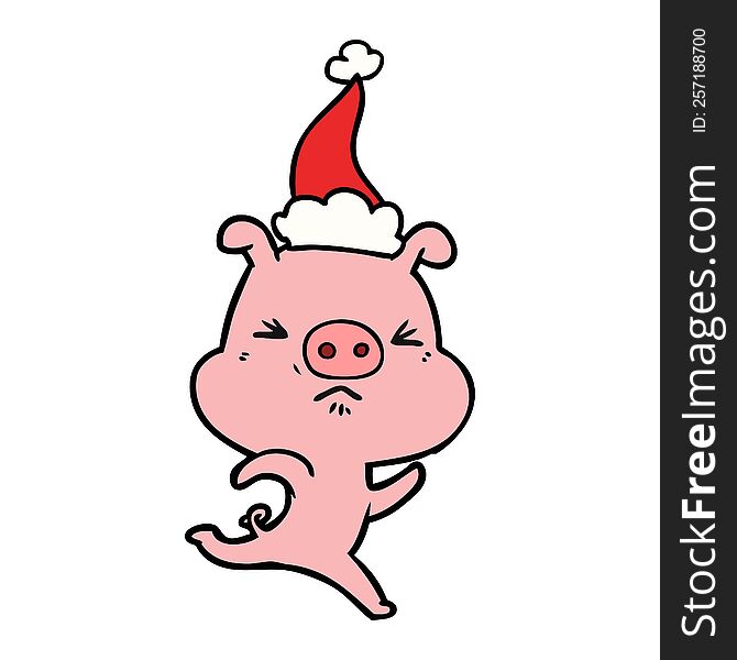 hand drawn line drawing of a annoyed pig running wearing santa hat
