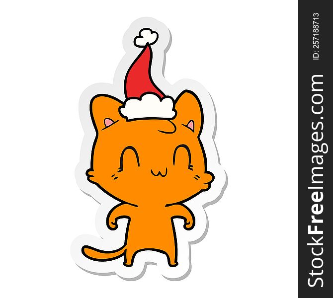 Sticker Cartoon Of A Happy Cat Wearing Santa Hat
