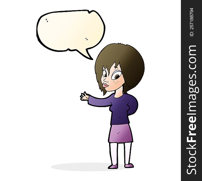 cartoon woman making welcome gesture with speech bubble