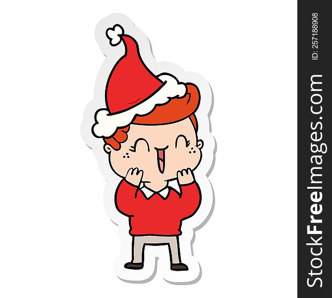 Sticker Cartoon Of A Laughing Boy Wearing Santa Hat