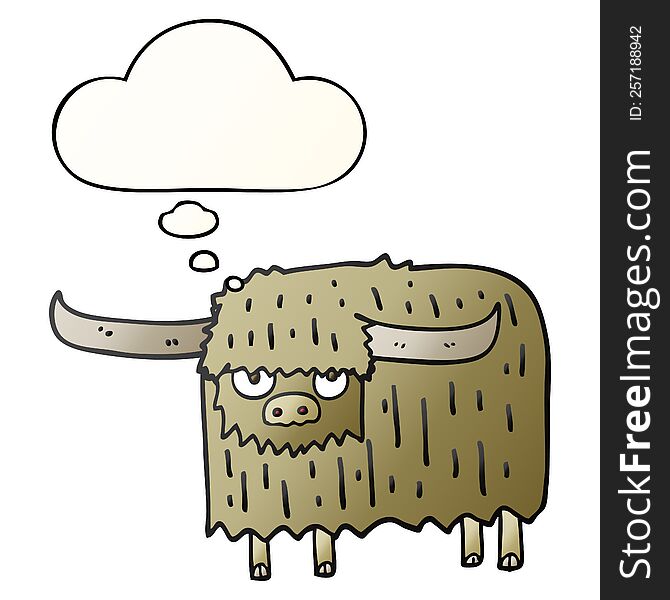 cartoon hairy cow with thought bubble in smooth gradient style