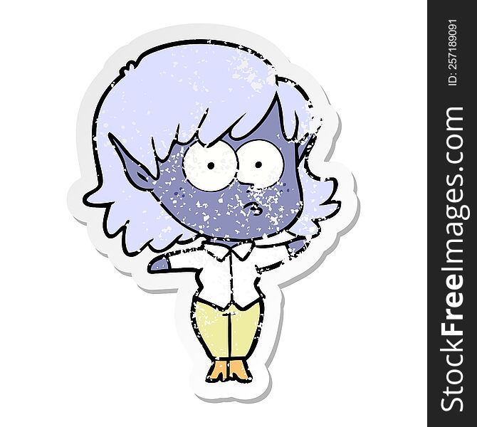 distressed sticker of a cartoon elf girl staring