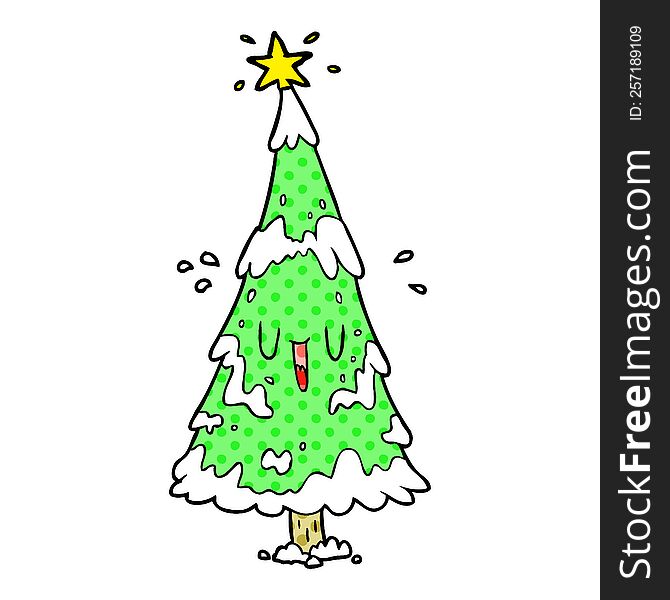 cartoon snowy christmas tree with happy face. cartoon snowy christmas tree with happy face