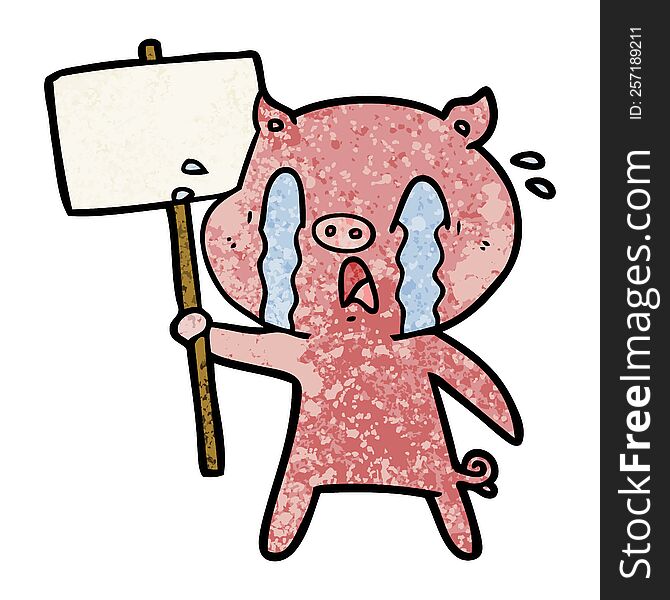 crying pig cartoon with protest sign. crying pig cartoon with protest sign